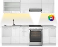 Vicco Bloc cuisine R-Line, Blanc laqué/Blanc, 240 cm, WB Marbre avec bande LED