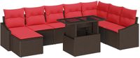 vidaXL Sofa set 9 STK. Bruin en rood polyrotan, Alfresco Lounge Set, modulaire bank, weerbestendig, UV-bestendig, met opbergruimte voor tuin en terras