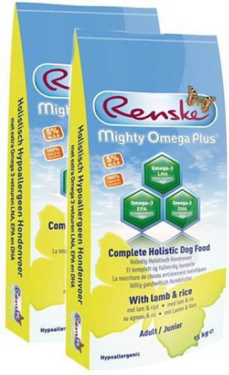 RENSKE mighty omega plus junior/adult lam/rijst hondenvoer 2x-15 kg