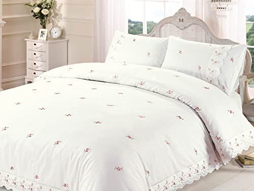 Sophie Beddengoedset - bloemenpatroon - geborduurd - crèmekleurig
