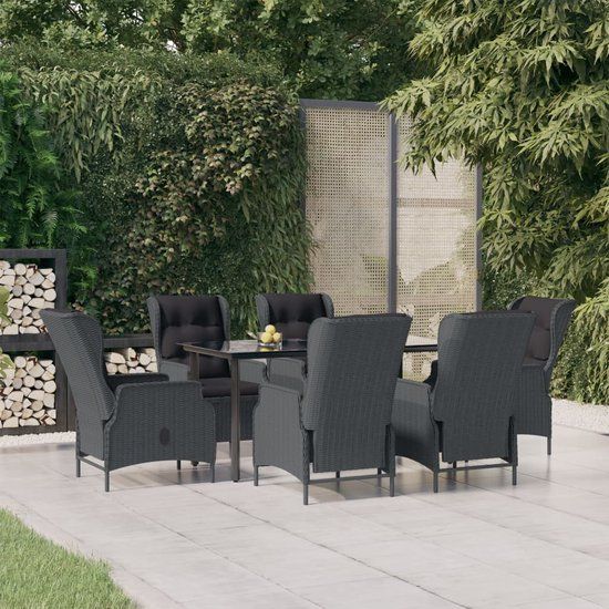 The Living Store Tuinset - PE-rattan - Eettafel 160x80 cm - 6 Stoelen - Zwart - Grijs