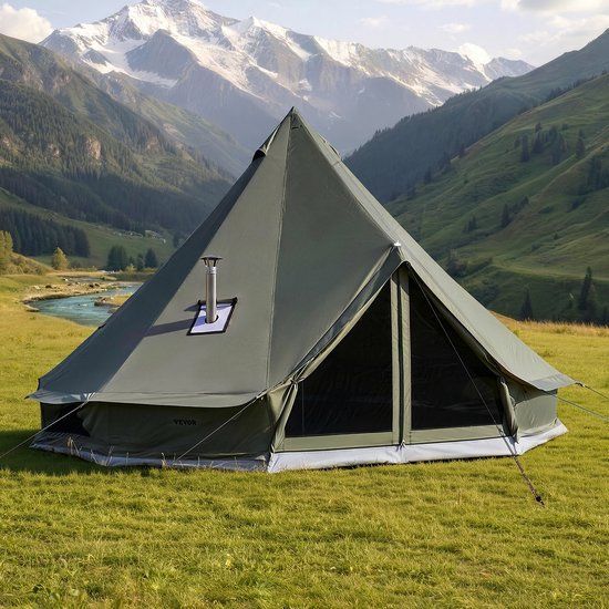 VEVOR Canvas Bell Tent, 4m Yurt, 4 Seizoenen, met Schoorsteenopening, Slaapruimte voor Maximaal 4 Personen, met Uitneembare Vloer (Ritssluiting), Ideaal voor Gezinskamperen en Buitenactiviteiten, Groen