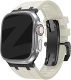 Bandz Siliconen band 'Luxe Liquid' - Hoogwaardig siliconen bandje geschikt voor Apple Watch Series 1/2/3/4/5/6/7/8/9/10/11/SE/SE2/SE3/Ultra (2) - grote maten - 44mm / 45mm / 46mm / 49mm - beige met zwarte connectors
