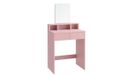 Table de maquillage avec grand miroir, pliable, avec 2 tiroirs et 3 compartiments ouverts. Table de maquillage moderne rose pastel