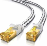 Primewire LAN-kabel CAT 7, plat netwerkkabel, 10 Gbit/s, U/FTP PIMF afscherming, vergulde RJ45-connectoren, katoenen omhulsel, knikbescherming, patchkabel, Ethernet, 25 meter, wit