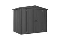 Biohort Europa Metalen schuur - Dubbele deur, A-frame dak, Geïntegreerde vloer, Grijs dak, Metaal dak, Grijs muur, Metaal muur, 2 deuren, 1 raam, Aluminium/Staal frame, Roestvrijstaal handvat, Dakgoot, Geïntegreerde steunrail, 2 schappen, 6 haken, 4 gereedschapshouders, Weerbestendig, Sneeuwbelasting 150 kg/m², Windbestendig tot 150 km/h, Onderhoudsvrij, Makkelijk schoon te maken, Eenvoudig te monteren, Vergrendelbaar met sleutel, 2-weg vergrendelingsmechanisme, 2440 mm breed, 2280 mm diep, 2030 mm hoog, 9.4 m³ volume, 155 kg gewicht, 2.22 m binnenlengte, 2.22 m interne diepte, 195 cm binnenhoogte.