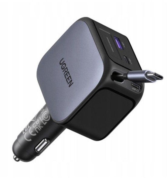 Ugreen Sigarettenaansteker 145W Uitschuifbare Autolader met Snellaadfunctie en Geïntegreerde USB-C Kabel van 100W 4-in-1 Autoaccessoire Snellaadadapter voor iPhone 17/16/Macbook/iPad/Galaxy S25/GPS enz.