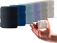 Ledent macramé touw, (1mm, 6 x 65M), dubbel getwist - 100% geregenereerd katoenkoord - Macramé touw in blauw- en grijstinten, setje van 6 kleine rolletjes om mee te knutselen.