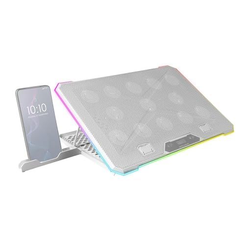 Mars Gaming MNBC13, Laptopstandaard en Koelbasis voor Notebooks tot 17", ARGB Verlichting 10 Modi, 13x Ventilatoren met Witte LED, Verstelbaar 8 Posities, LCD Display, Smartphone Stand, Wit