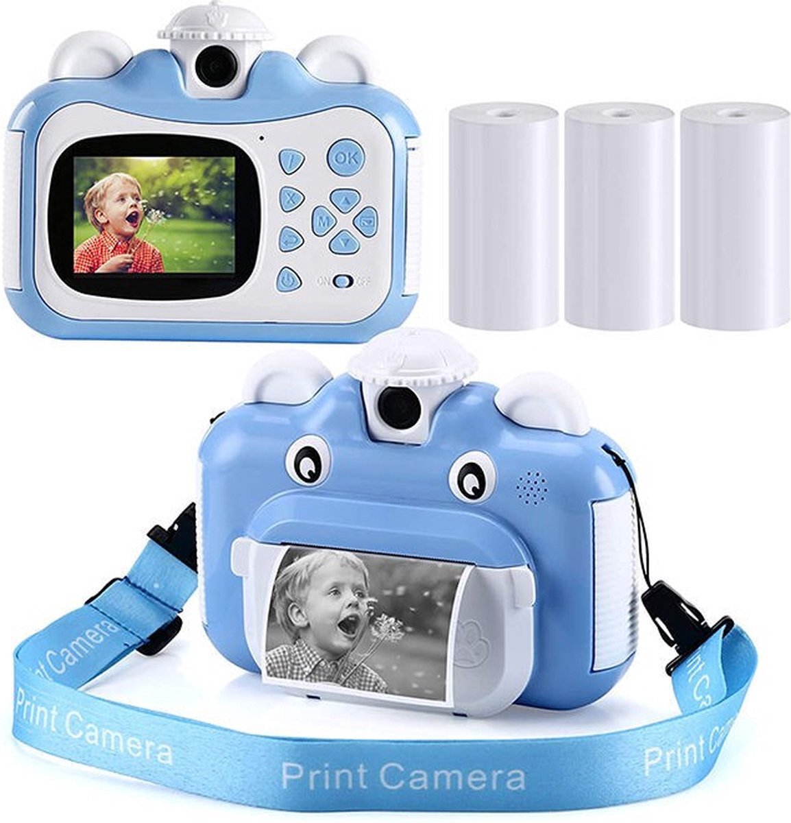 BP Kindercamera met Fotoprinter - Kinderfototoestel - Vlog camera voor beginners - Camera Kinderen - Foto & Video - 26 Foto Lijsten - 1080P HD - Inclusief 32GB SD kaart - 3 Rollen papier - Blauw