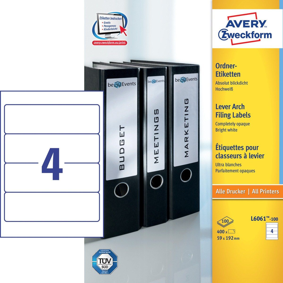 Avery Ordnerrugetiketten L6061-100 - wit - 192,0 x 59,0 mm - permanent klevend