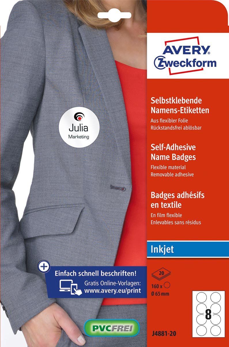 Avery Zelfklevende Naambadges Rond 65 mm Wit Inkjet 160 Etiketten