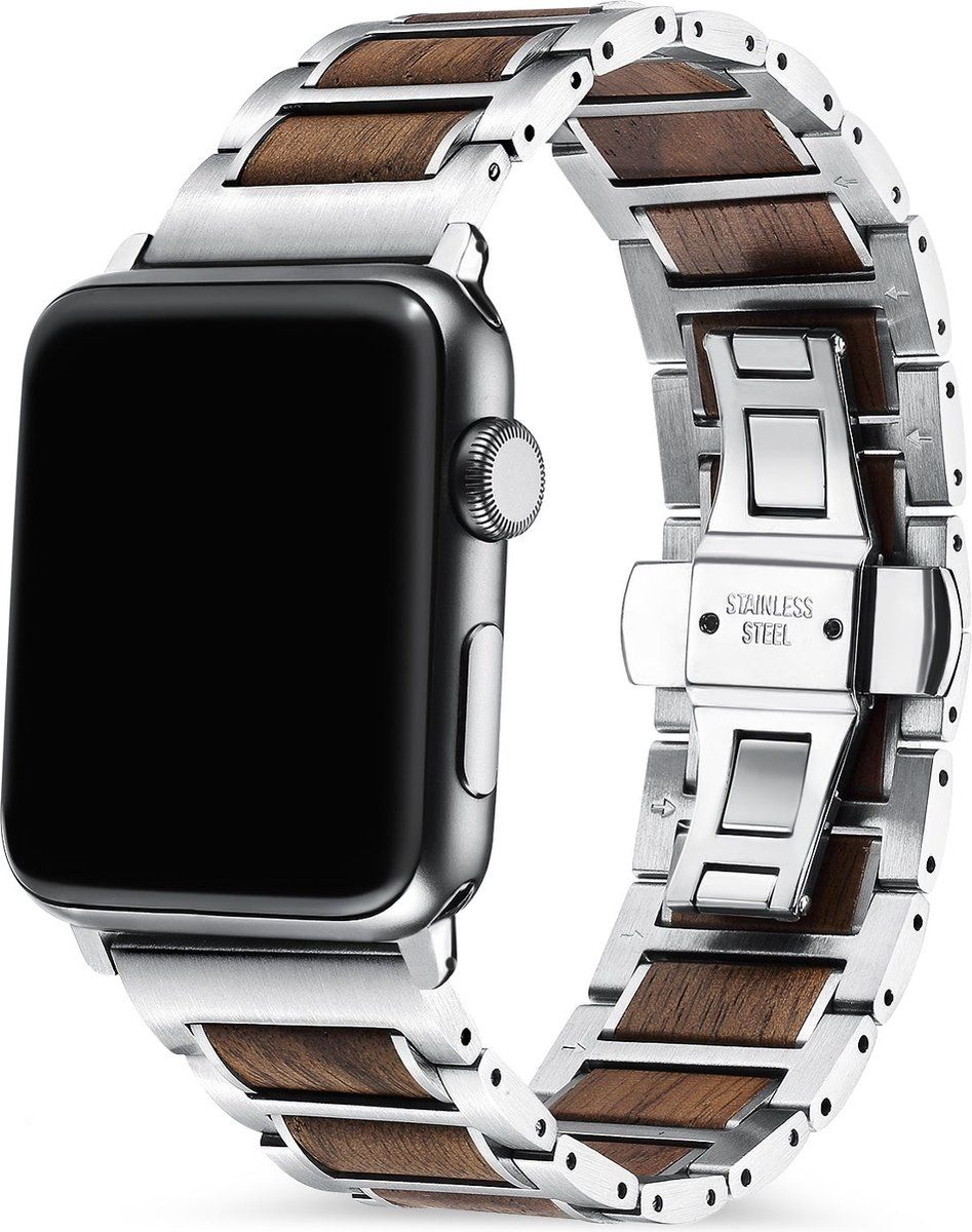 Strap-it bandje geschikt voor Apple Watch stalen/houten bandje - zilver/bruin - Maat: 42 - 44 - 45 - 49mm