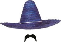 Merkloos Carnaval verkleed setje - Mexicaanse Sombrero hoed van 59 cm met plak nepsnor - blauw - heren