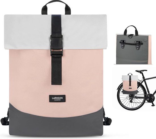 LARKSON Tammo Bike Fietstassen voor bagagedrager voor dames, grijs, 2-in-1 fietstas, rugzak en bagagedragertas achter, waterafstotend
