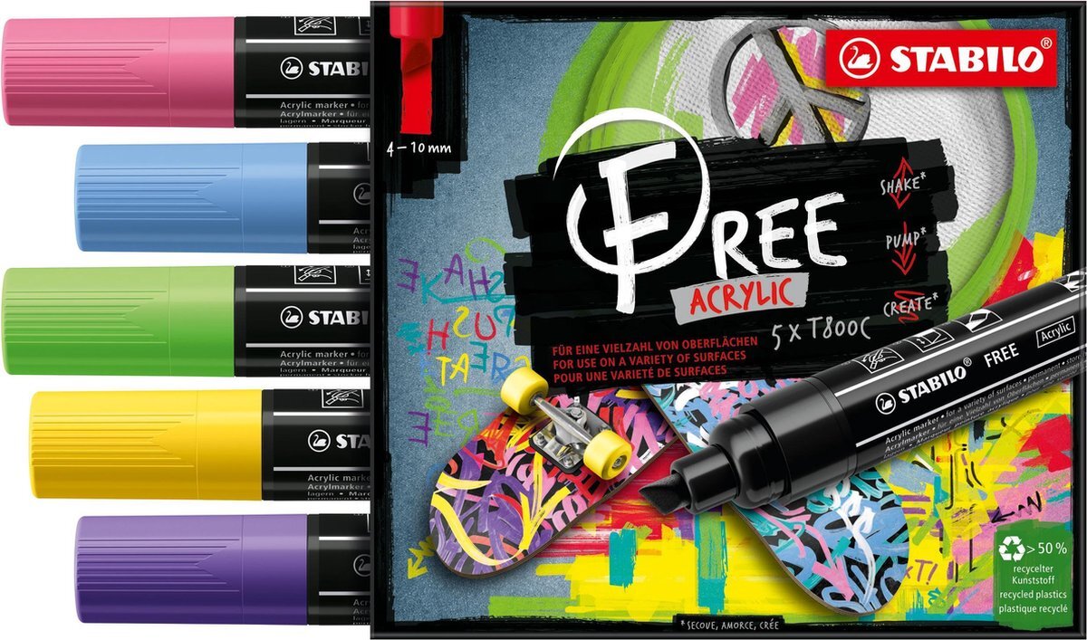 Stabilo FREE - Acryl Marker - T800C - Schuine Punt - 4-10 mm - Set Seaside - Met 5 Verschillende Kleuren