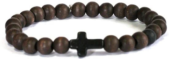 Heaven Eleven - heren armband - Bruin Hout Granaat kraal Kruis 8mm- 21cm voor andere maten zie omschrijving