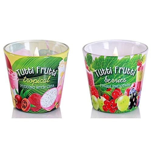 Dekohelden24 Geurkaars -windlicht - kaars in glas - set van 2 - Berries en Tropical - 8x8cm - 115g