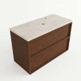 Saniclass Holz Frame Badkamermeubelset - 100x45x63cm - Travertine natuurstenen topblad - 1 kraangat - 2 lades - mat walnut pure