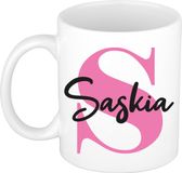 Bellatio Decorations Naam mok Saskia - roze - wit - keramiek - 300 ml - cadeau beker
