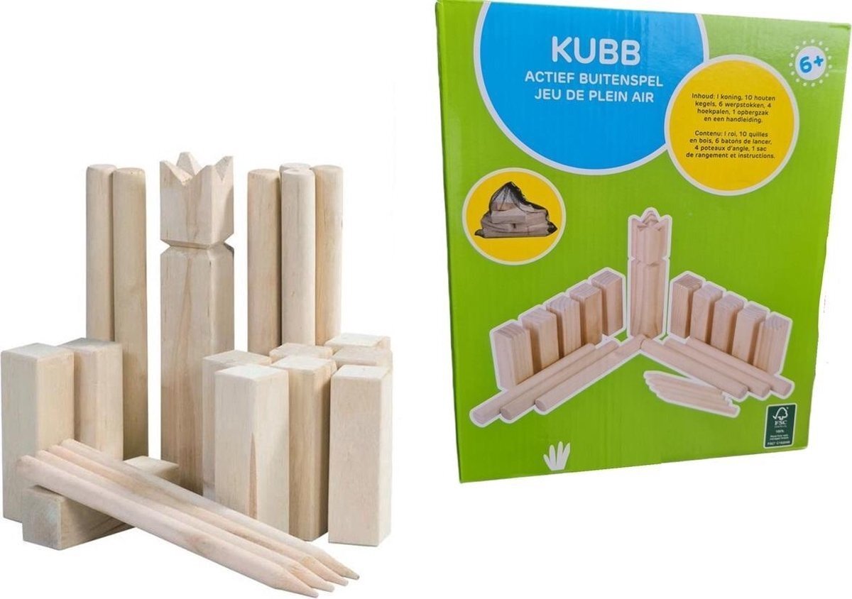 Playfun Kubb Game hout - Met 10 houten kegels - 6 werpstokken - 4 hoekpalen - 1 Koning - 1 opbergzak