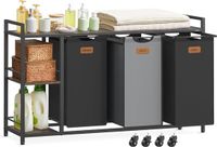 Vasagle Wasmand met 3 compartimenten, 150 L, Wassorteerder, Rollende Waskarr met Planken, Verwijderbare Voeringen, 6 Labels, Kastanjebruin, Inktzwart en Duifgrijs