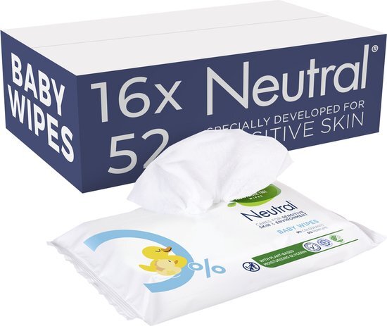 Neutral 0% Baby Wipes - Parfumvrij - 100% plasticvrij en biologisch afbreekbaar - 16 x 52 stuks