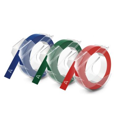 DYMO Reliëftape 9mm x 3m - Wit op Blauw/Rood/Zwart - 3 Stuks