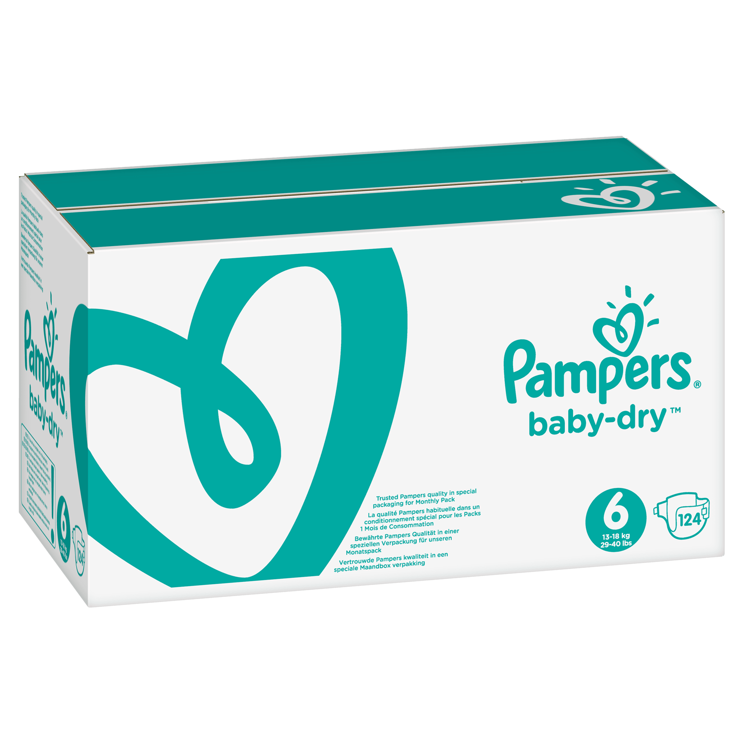 Pampers Baby-Dry Maat 6, 124 Luiers, Voor Droge Ademende Huid, Maandbox multi