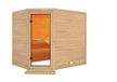 Karibu Sauna, sauna d'intérieur, modèle Tanami, configuration d'angle, poêle 9 kW, commande intégrée, dimensions 231x195x200 cm, sans bord de toit