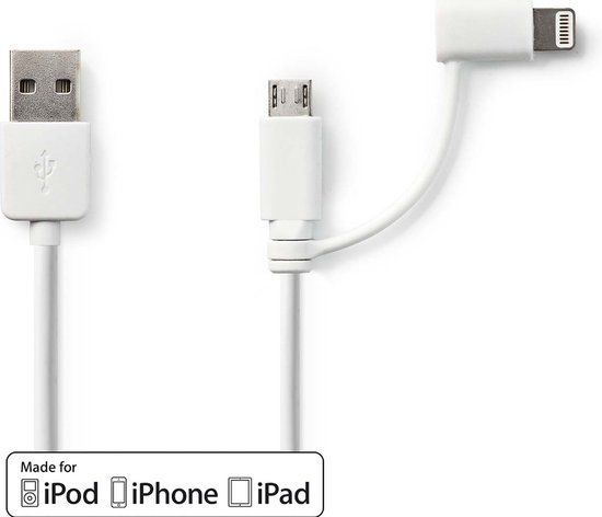Nedis 2-in-1 Kabel - USB 2.0 - USB-A Male - Apple Lightning 8-Pins / USB Micro-B Male - 1m - Wit