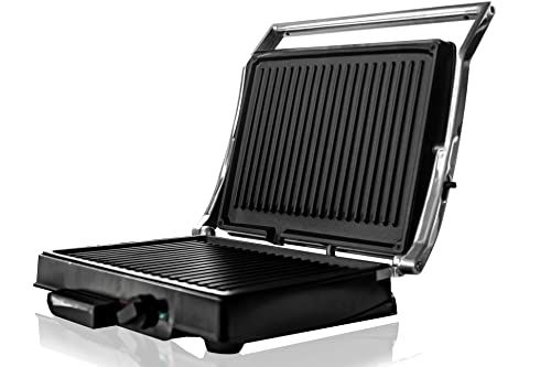 BEHOME Elektrische grillpan van gietijzer met dubbele antiaanbakplaat, grilltemperatuur instelbaar en 1800 W vetopvangbak