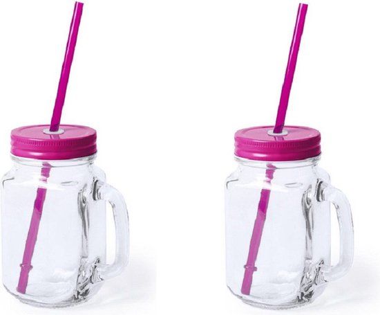 2x Glazen Mason Jar Drinkbekers - Roze - 500 ml - Met Rietje
