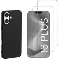 Phonillico® Zwart hoesje voor iPhone 16 PLUS en 2 schermbeschermer van gehard glas