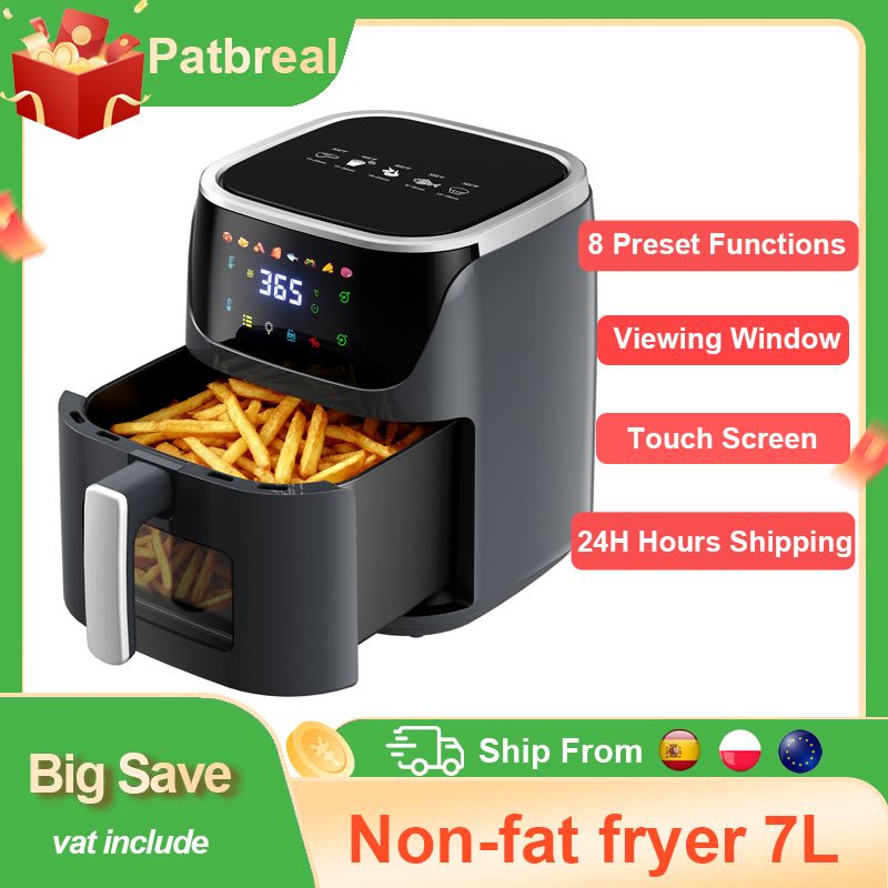 Patbrela Olievrije heteluchtfriteuse 7 liter 1500 W Max 200 ° C Airfryer Oven met kijkvenster Led-touchscreen 8 vooraf ingestelde functies + warm houden