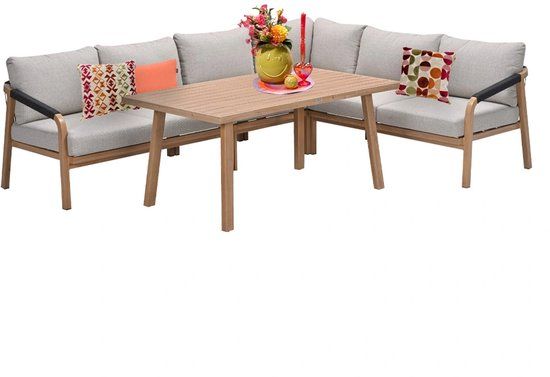 Garden Impressions Monti lounge-diningset - 5-dlg. - light teaklook - zwart - gobi sand