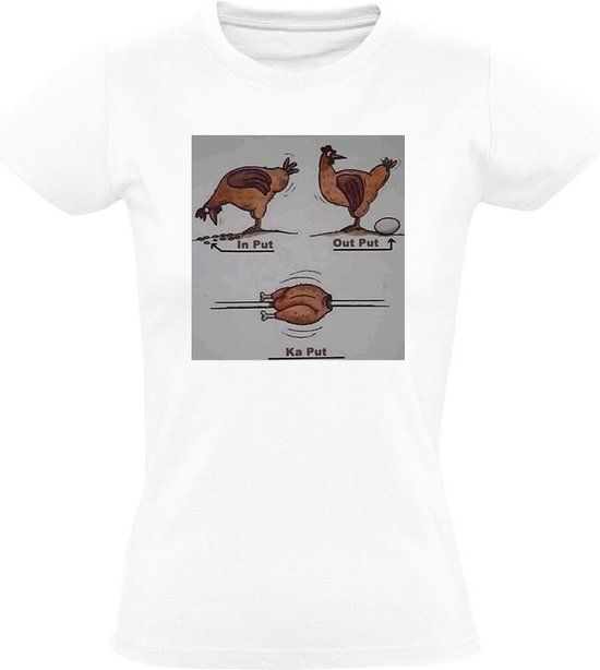 Sol's Input, output, kaput Dames T-shirt - kip - ei - eten - grappig - XL - Wit
