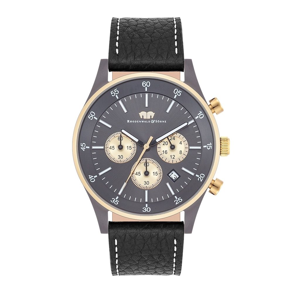 Rhodenwald & Söhne Chronograaf Goodwill - Geelgoud/antraciet - Zwart Lederen Herenhorloge