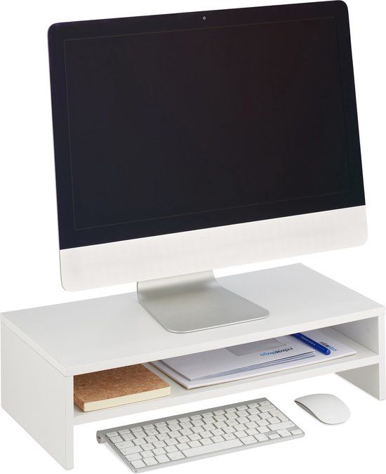 Relaxdays Monitorstandaard, extra plank, HxBxD: 14,5 x 54 x 25,5 cm, schermverhoger voor bureau, wit