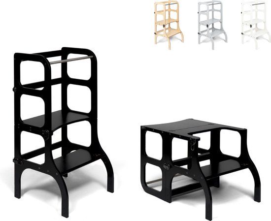 Ette Tete Step 'n Sit - Leertoren - Zwart met zilver clips - Learning Tower - Montessori inspired - Keukentrap - Keukenhulp - Leerstoel - Veilig -Duurzaam