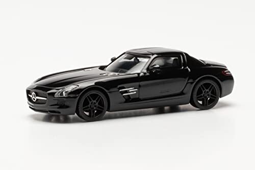 Herpa 420501-002 Mercedes-Benz SLS AMG, trouw aan zijn originele schaal van 1:87, auto voor diorama's, modelgebouwen, collector's Item, decoratie, gemaakt van kunststof miniatuur, zwart