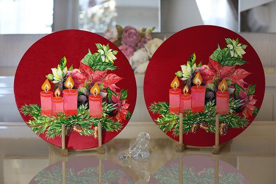 De Groen Home Placemat - Velvet Textile, Kaars met Bloemen - Roodbruin - 2 stuks - 33 cm