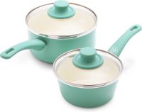 Pannen met zachte greep van staal met deksels (15 cm/1,1 l en 18 cm/2,1 l), gezonde keramische antiaanbaklaag, PFAS-vrij, vaatwasmachinebestendig, turquoise