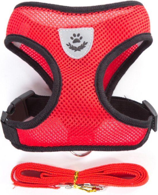 Rood verstelbaar katten/hondentuig met gratis looplijn - Maat M - Anti-trek - Voor kleine honden en katten