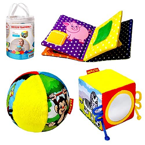MACIK 3 FUNNY ANIMALS SET - New-Born baby GIFT SET - Baby Soft BOOK + Baby Activity CUBE Soft + Soft Rattle BALL for Toddler - Sensory Toy for Babies - Infant Toy - Baby Toy 6 months