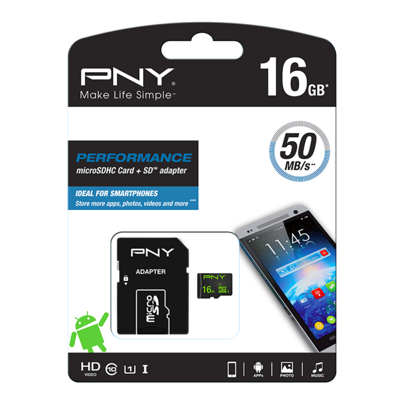 PNY Performance MicroSDHC 16GB - Class 10 - 50MB/s + SD Adapter