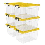 Cetomo Opbergdozen met deksels, 15 l x 6 stuks, plastic opbergdoos met veilige zijvergrendelingen, PP nestbare en stapelbare doorzichtige organizer voor thuis, kantoor, verhuizing, transparant en geel