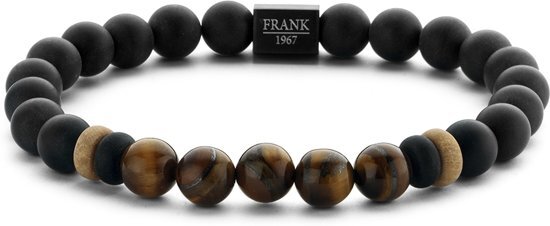 Frank 1967 7FB 0245 Heren Armband met Stalen Element - Agaat en Tijgeroog Natuursteen 8 mm - One-size - Zwart / Bruin