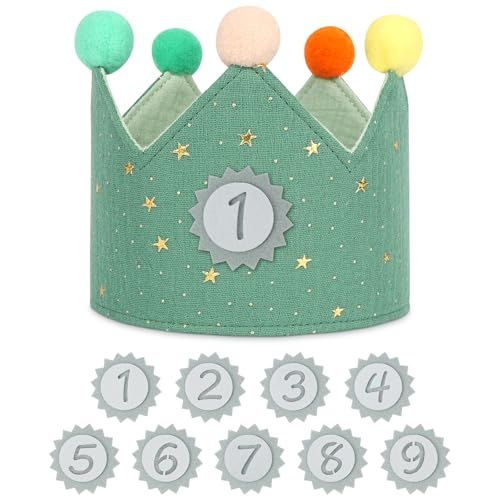 URAQT Verjaardagskrans van stof voor kinderen, kroon met Happy Birthday-banner en verwisselbare cijfers van 0 tot 9, lichtgroen