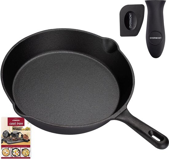 Overmont Gietijzeren pan, grillpan, gietijzeren grill, steakpannen met handgreep, 24,5 cm, voor gasgrill